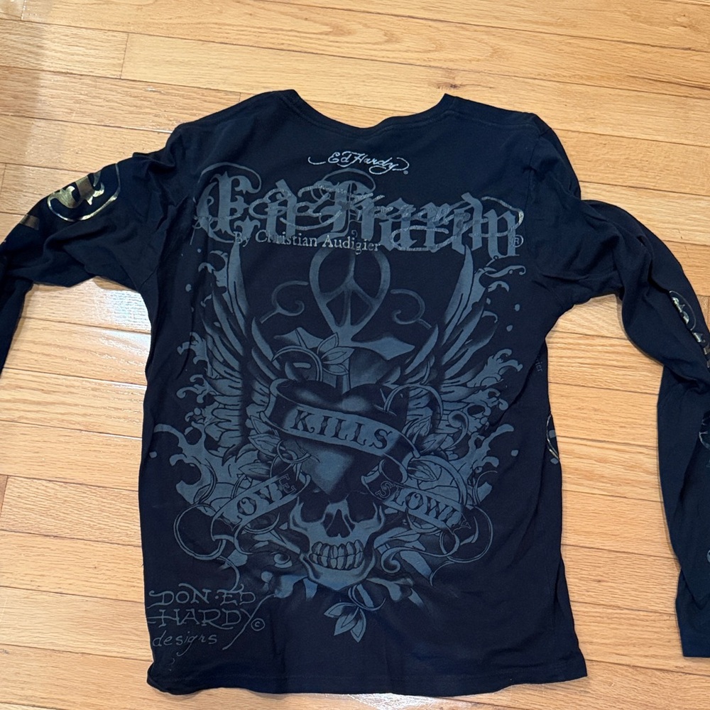Ed Hardy by Christian Audigier Black and Gold Graphic Long Sleeve Shirt - Picture 6 of 6